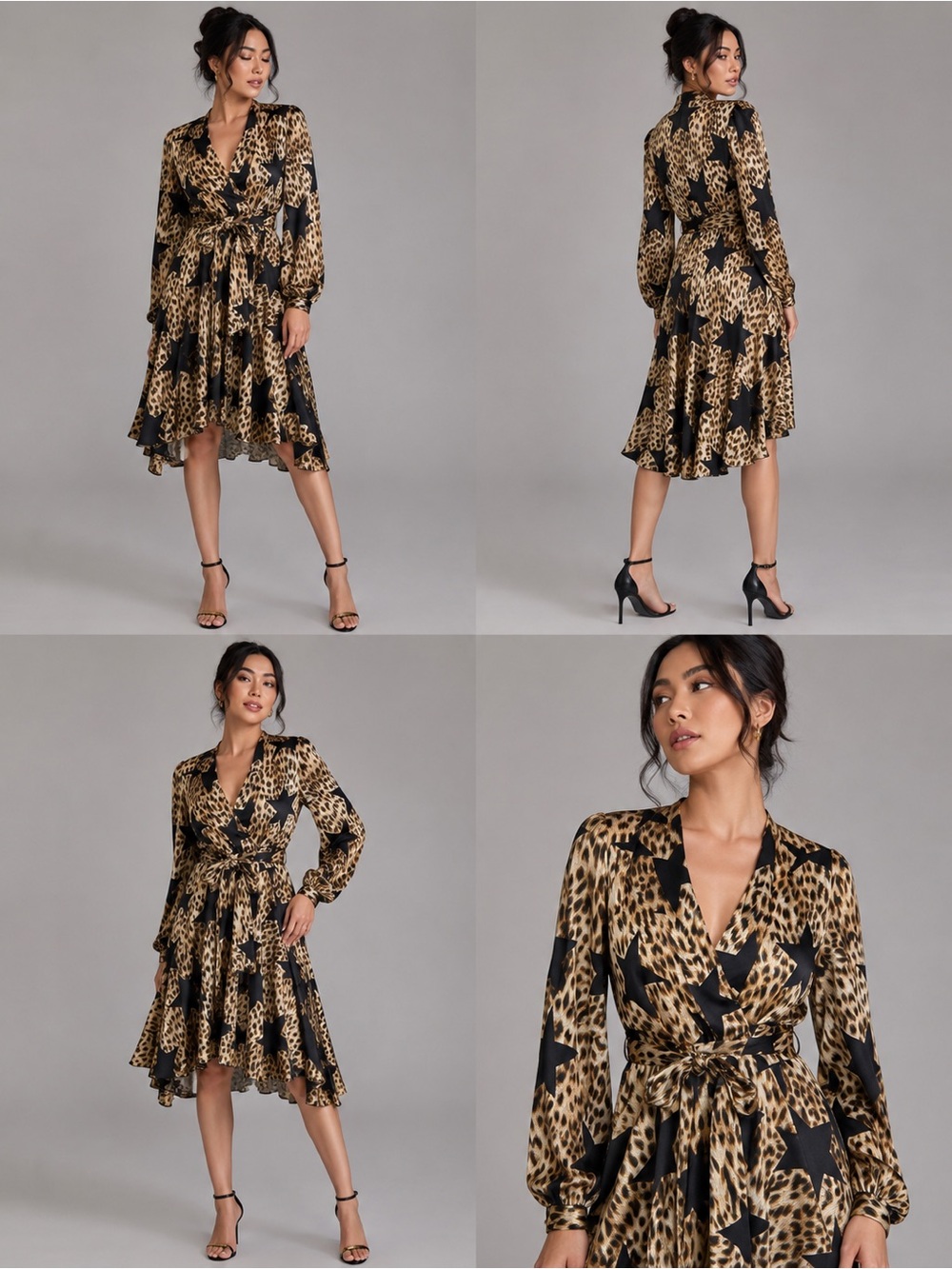 Chloe Dao asymmetrical leopard star Print satin long sleeve Wrap Dress s